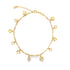 A delicate gold heart charm anklet dangles multiple small heart charms along its linked chain on a white background.