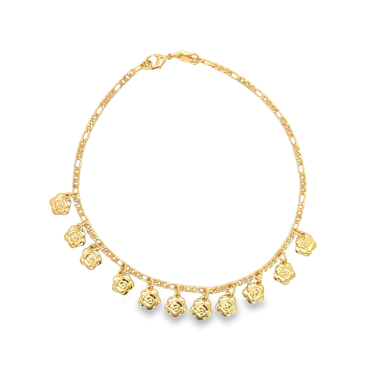 A gold chain anklet features a series of dangling rose charms.