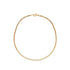 A delicate gold box chain necklace rests in a neat circle against a plain white background, highlighting its interlocking square links and secure clasp.