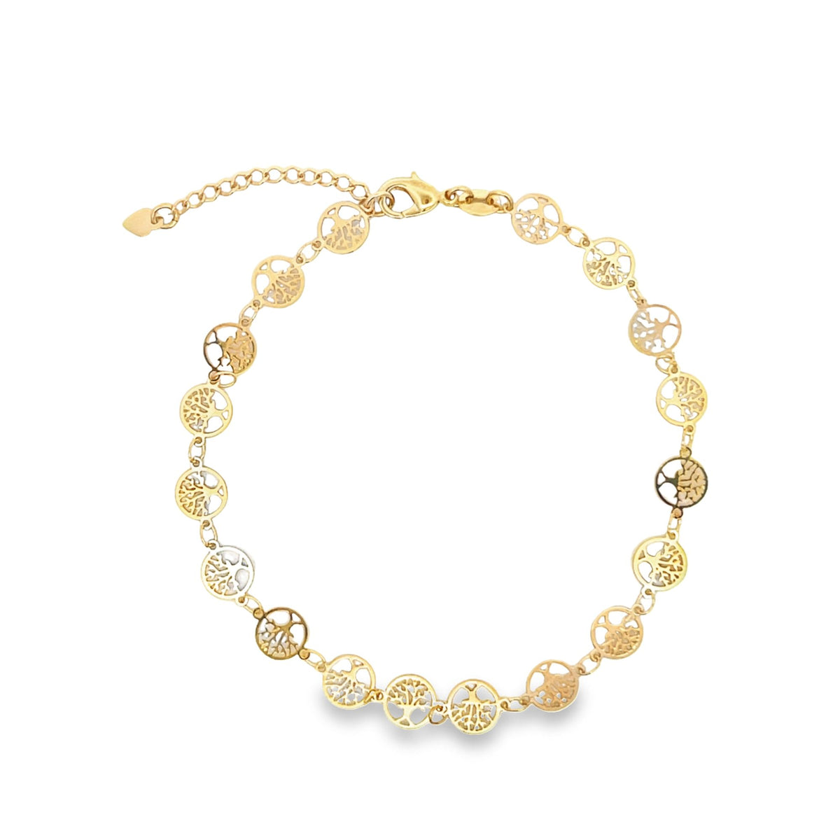 A delicate gold chain bracelet features linked circular charms styled as intricate Trees of Life.