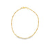 A delicate gold Figaro link chain bracelet rests in a circle on a clean white surface, showcasing its classic interlocking pattern and secure lobster clasp.