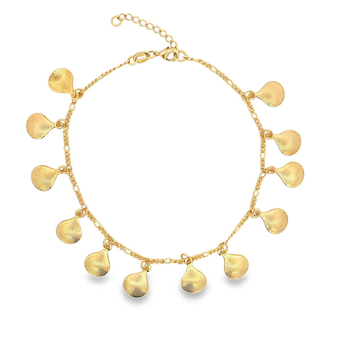 A delicate gold chain anklet dangles multiple textured teardrop charms against a clean white background.