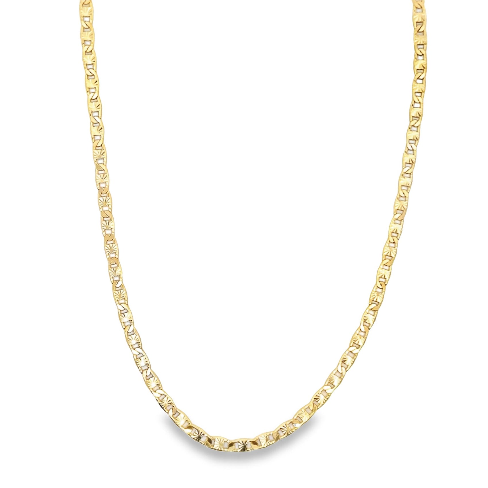 A polished gold chain necklace drapes in a smooth curve against a clean white background.