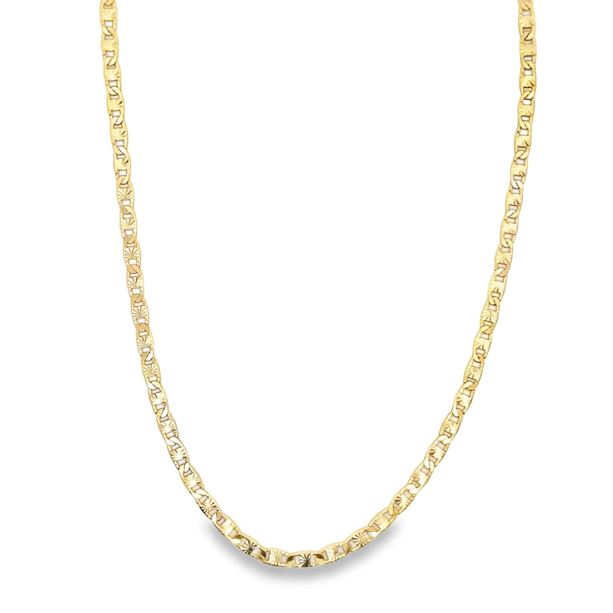 A polished yellow gold mariner link chain necklace drapes against a clean white background.