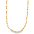 A polished yellow gold anchor chain necklace drapes in a smooth curve against a clean white background.