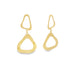 A pair of modern gold dangle earrings featuring abstract, organic geometric shapes hang against a white background.