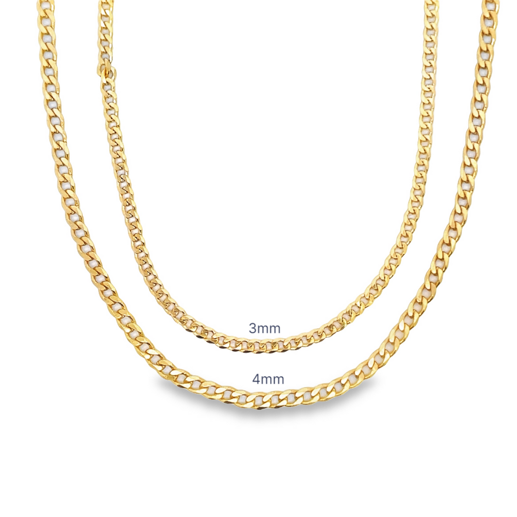 Two gold cuban link chains display a size comparison, with the inner necklace labeled 3mm and the outer necklace labeled 4mm.