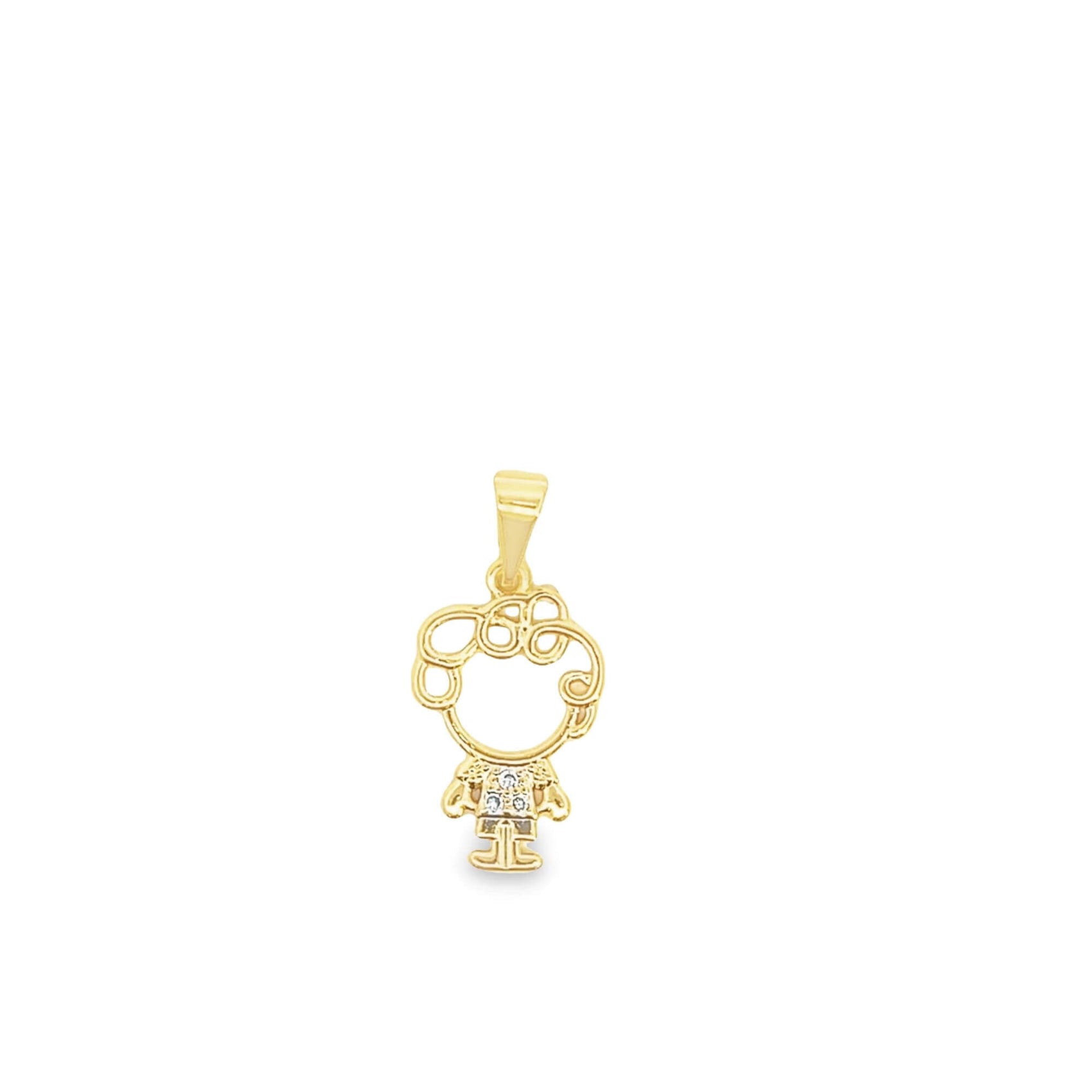 A charming gold girl pendant features sparkling cubic zirconia stones embedded in her dress against a clean white background.