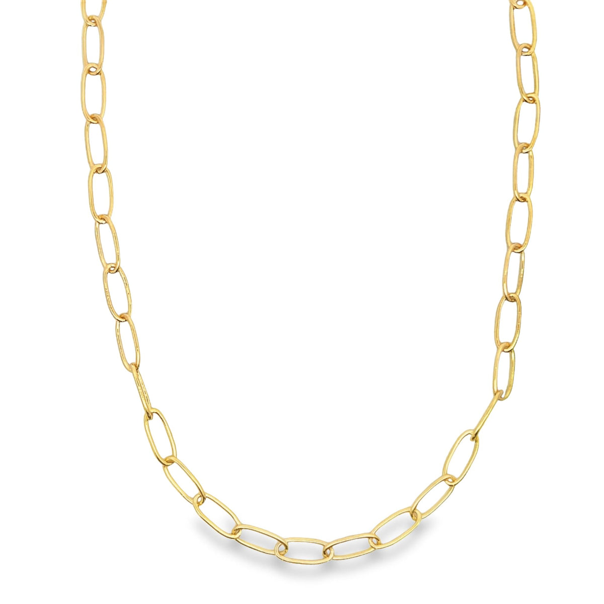 A delicate gold paperclip link necklace displays its interlocking rectangular links against a plain white background.
