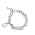 A chunky silver link charm bracelet features a dangling padlock and key pendant against a clean white background.