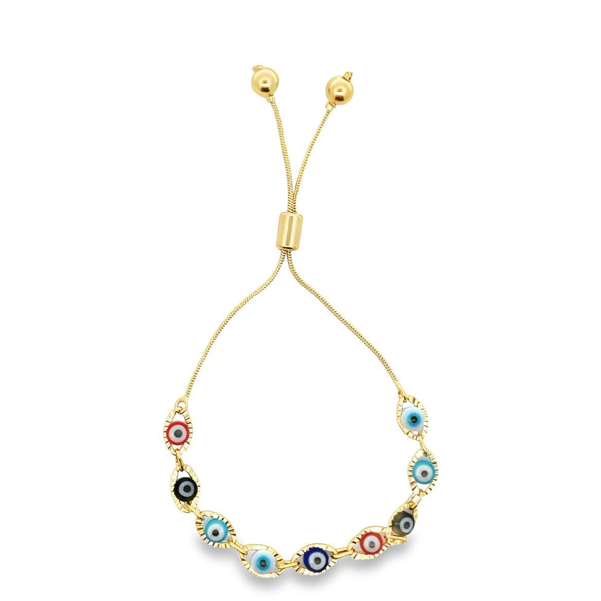 A gold adjustable evil eye bracelet displays multicolored glass beads in red, blue, black, and white.