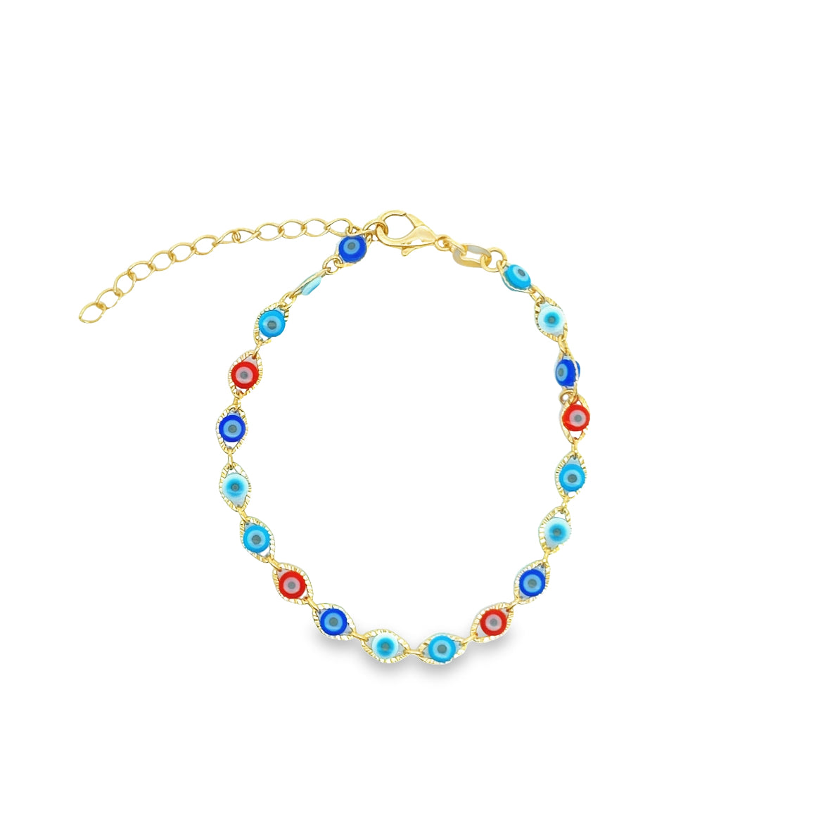 A gold evil eye bracelet features vibrant blue, light blue, and red glass beads against a clean white background.