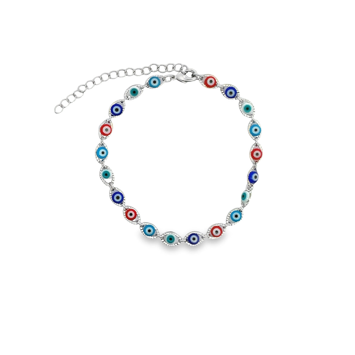 A sterling silver evil eye anklet features colorful glass beads in shades of blue, red, and turquoise against a white background.