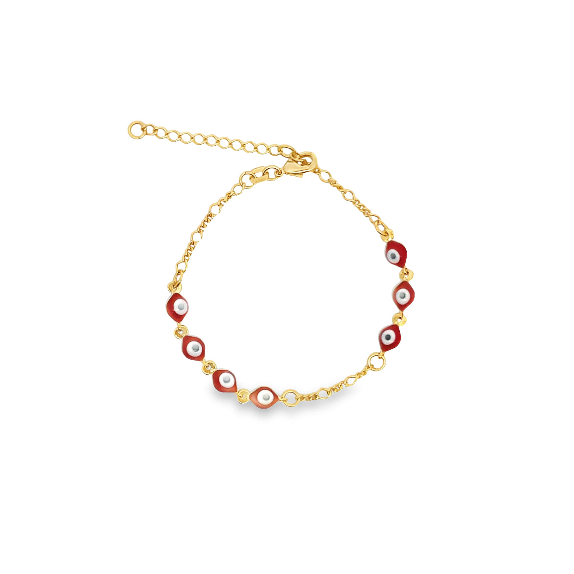 A delicate gold chain bracelet features alternating red evil eye charms against a clean white background.