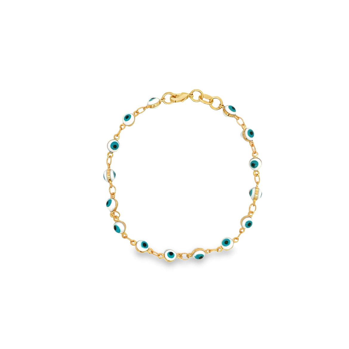 A delicate gold link bracelet features charming blue and white evil eye beads arranged in a circle.