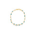 A delicate gold link bracelet features charming blue and white evil eye beads arranged in a circle.
