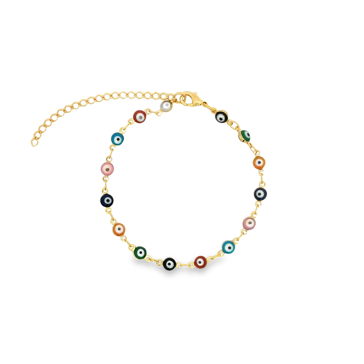 A gold-plated evil eye bracelet features vibrant multi-colored glass beads along a delicate chain.