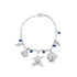 A silver ocean-themed charm bracelet displays dangling turtle, fish, and seashell charms accented with blue beads.