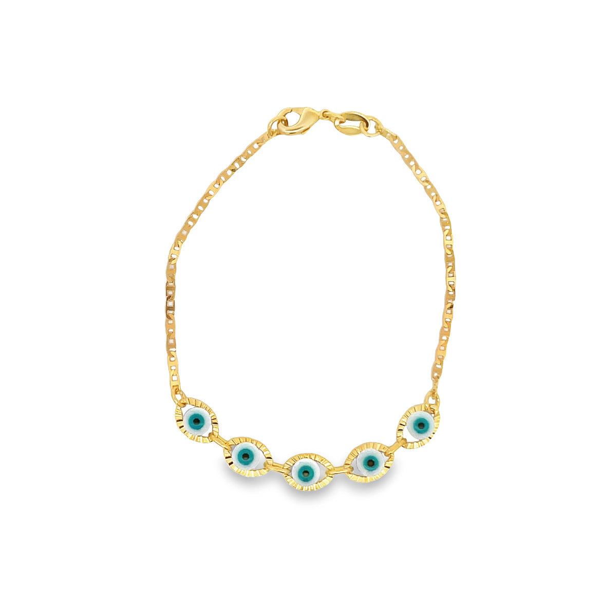 A delicate gold chain bracelet features five blue and white evil eye charms.