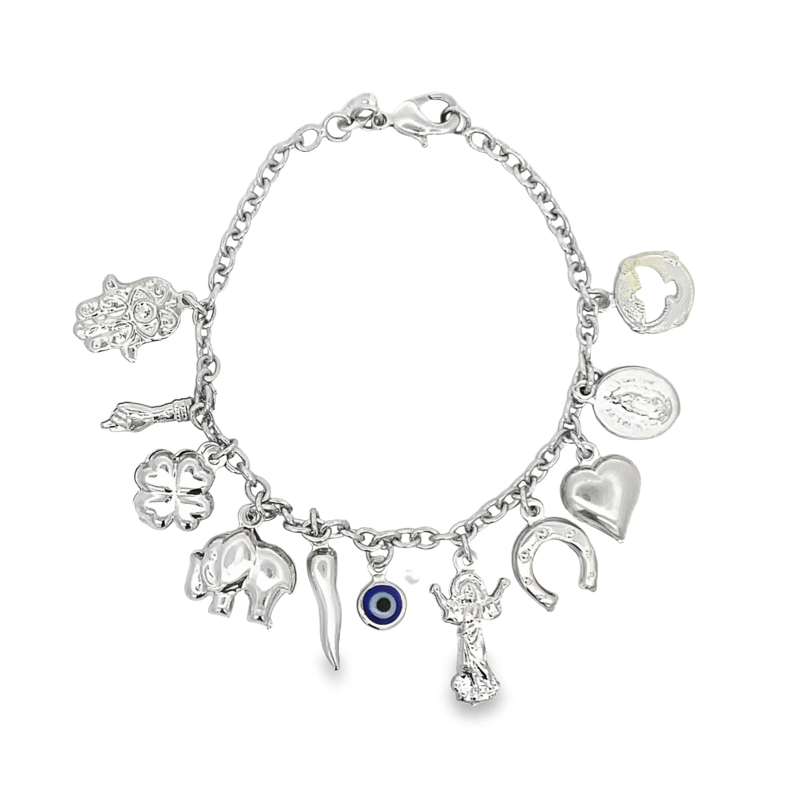 A silver charm bracelet showcases various protective and lucky symbols including an evil eye, hamsa hand, and horseshoe.