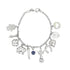 A silver charm bracelet showcases various protective and lucky symbols including an evil eye, hamsa hand, and horseshoe.