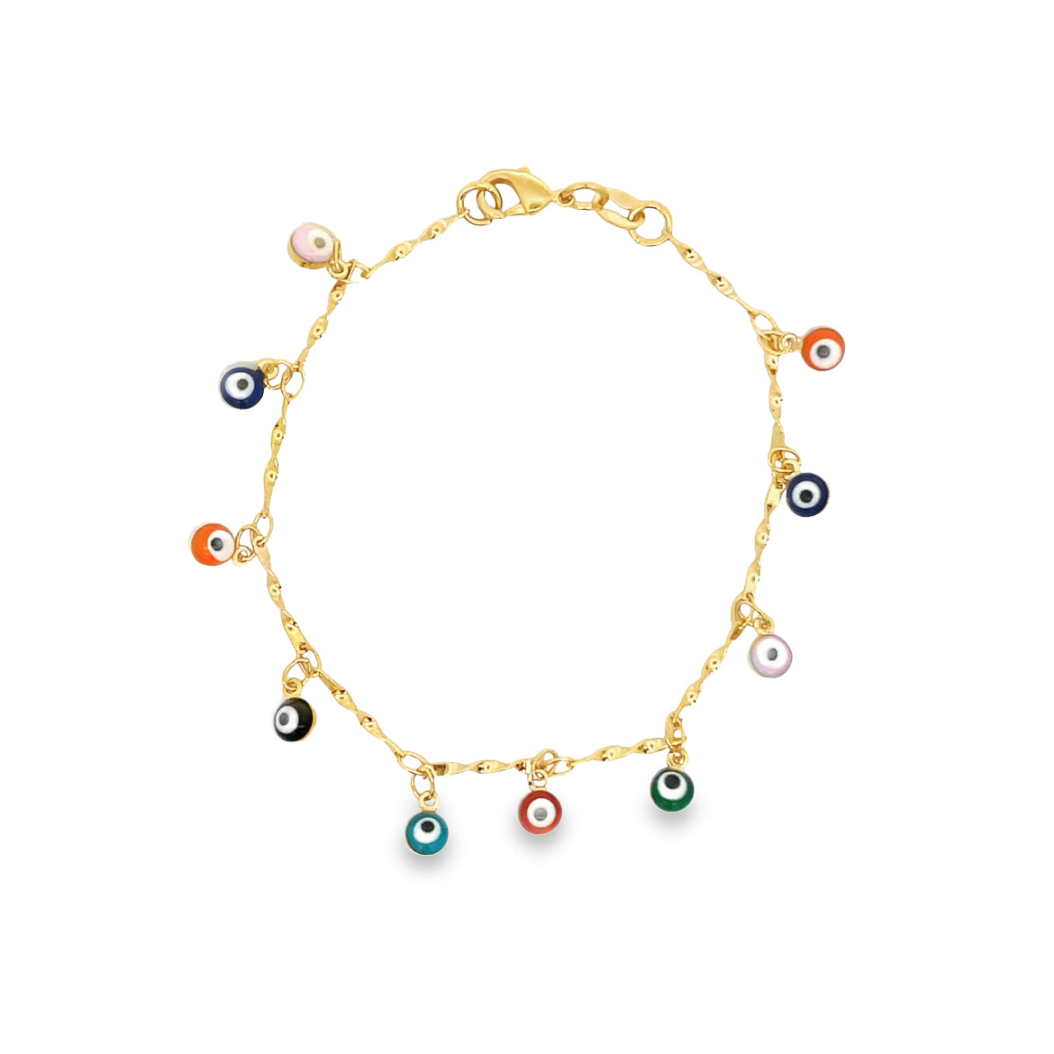 A delicate gold chain bracelet features colorful evil eye charms dangling along its length against a white background.