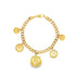 A gold curb chain charm bracelet displays dangling coin charms featuring detailed portraits.