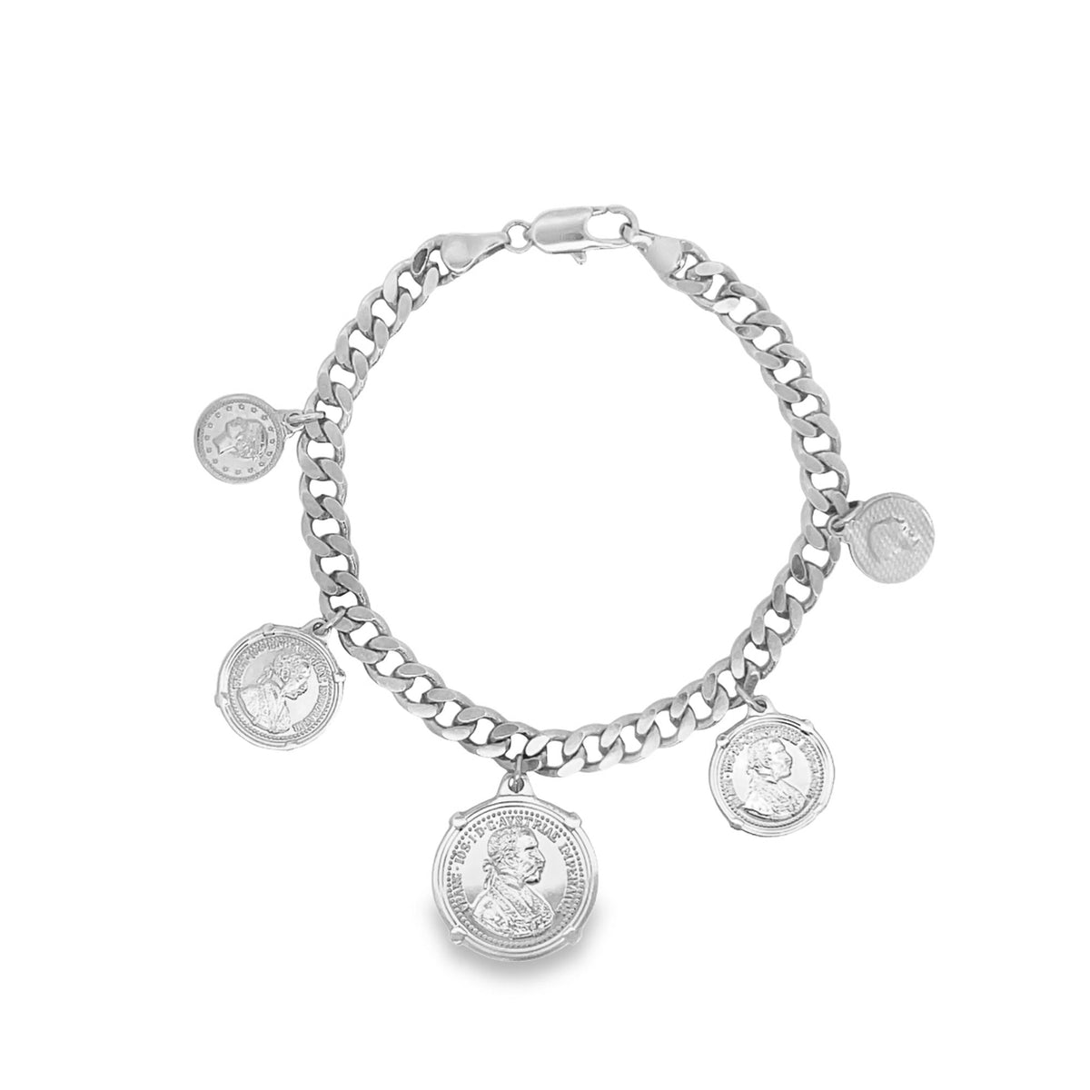 A silver curb link charm bracelet features five dangling coin charms featuring historical profiles.