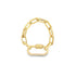 A gold chain ring features a unique interlocking link design with a small rectangular clasp pendant.