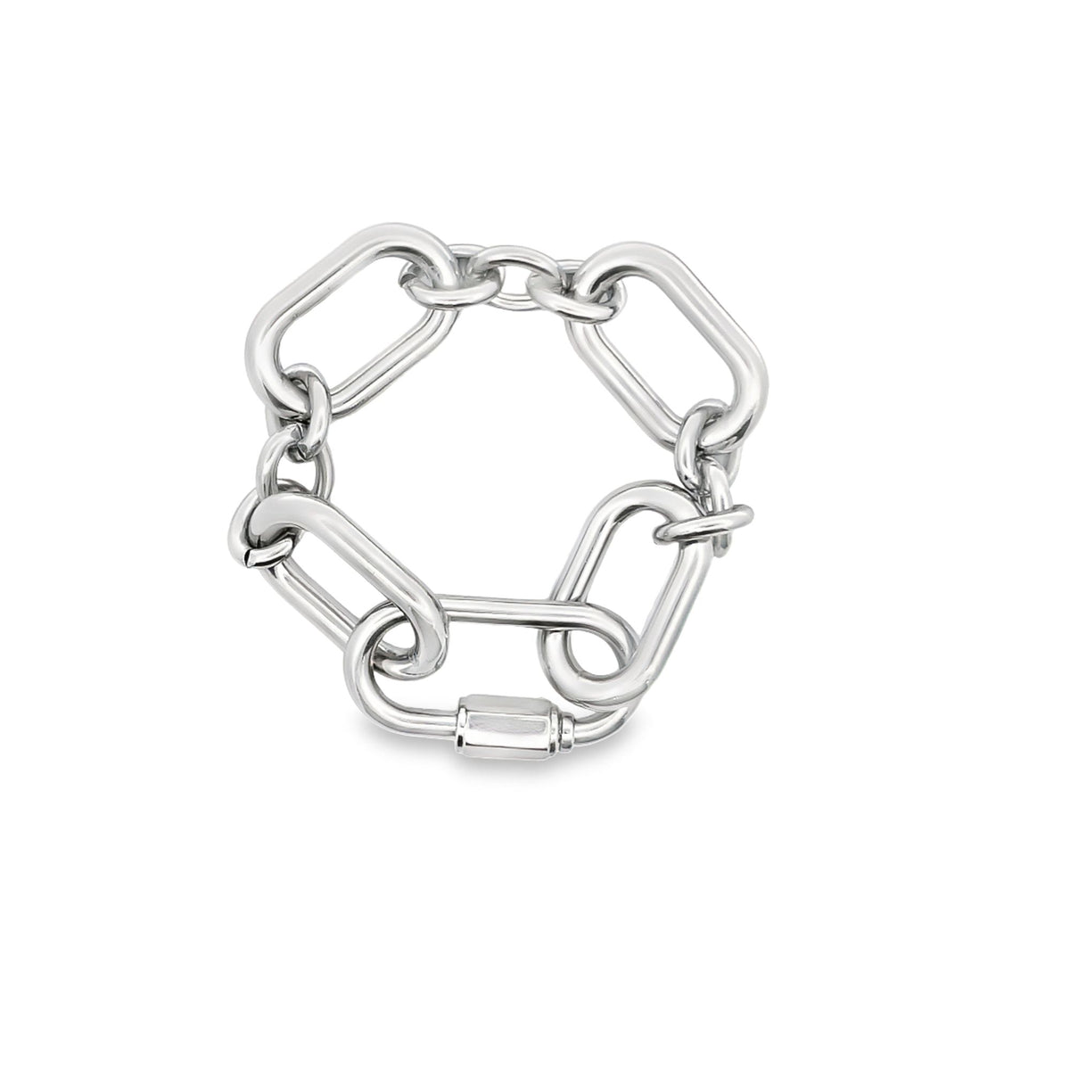 A sleek silver link bracelet features polished geometric links connected by a secure clasp against a clean white background.