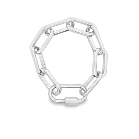 A chunky silver link bracelet features interlocking geometric links and a secure screw clasp.