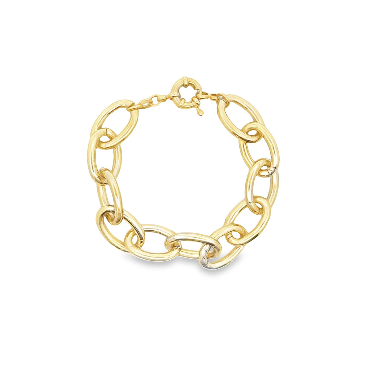 A polished gold chain bracelet features bold oval links and a secure spring-ring clasp.