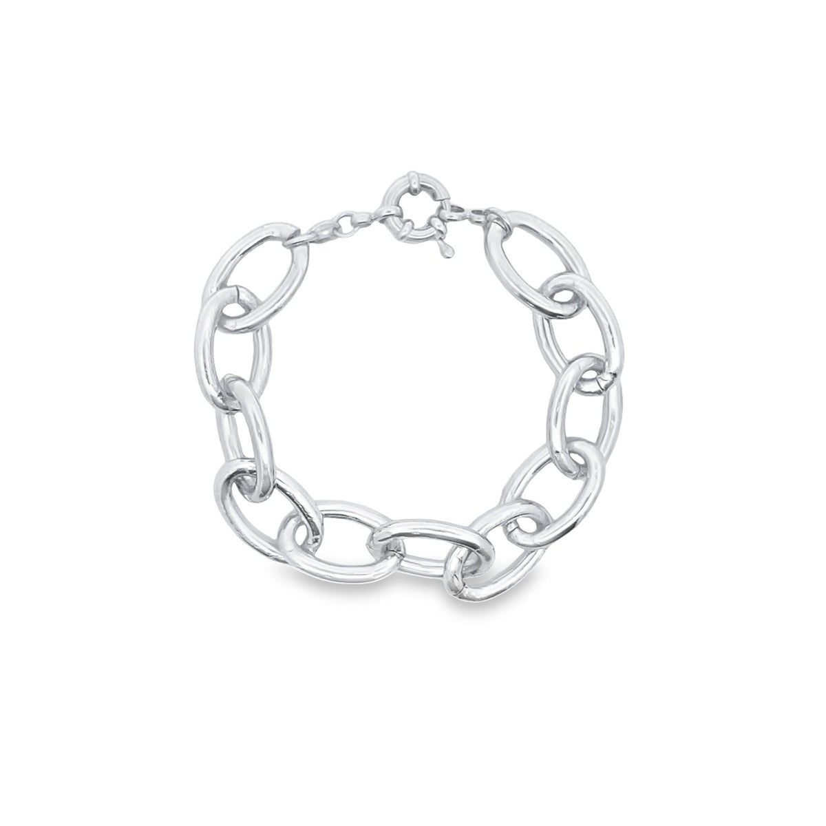 A polished silver chain link bracelet curves gracefully against a clean white background.