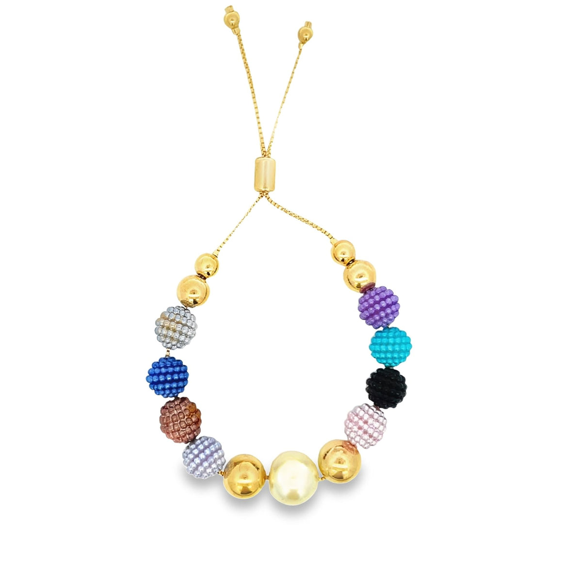 A delicate gold-plated adjustable slider bracelet features a colorful assortment of vibrant textured seed bead spheres and smooth metallic gold beads.