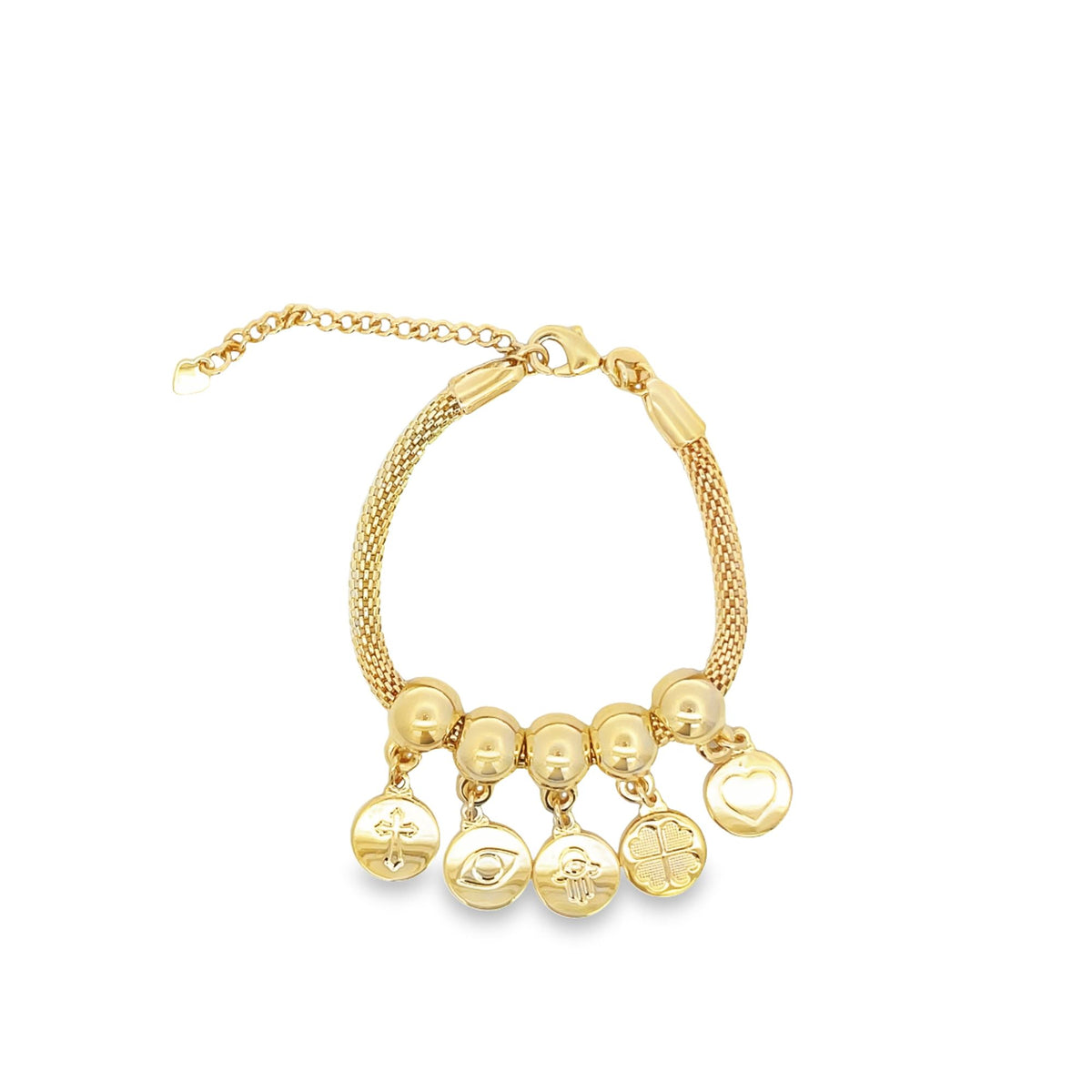 A gold charm bracelet features mesh-textured links and dangles five symbols including a cross, evil eye, hamsa hand, four-leaf clover, and heart.