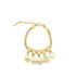 A gold charm bracelet features mesh-textured links and dangles five symbols including a cross, evil eye, hamsa hand, four-leaf clover, and heart.