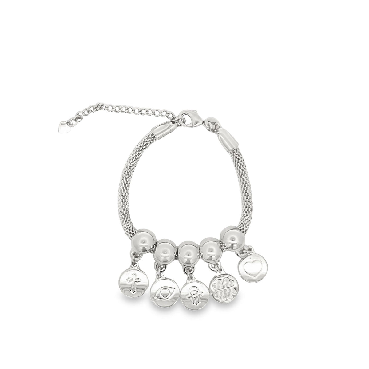 A silver mesh charm bracelet displays hanging symbols including a cross, evil eye, hamsa hand, four-leaf clover, and heart.