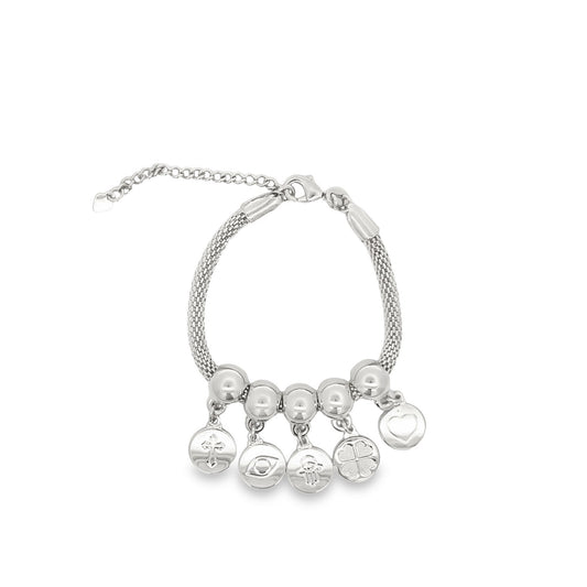 A silver mesh charm bracelet displays hanging symbols including a cross, evil eye, hamsa hand, four-leaf clover, and heart.