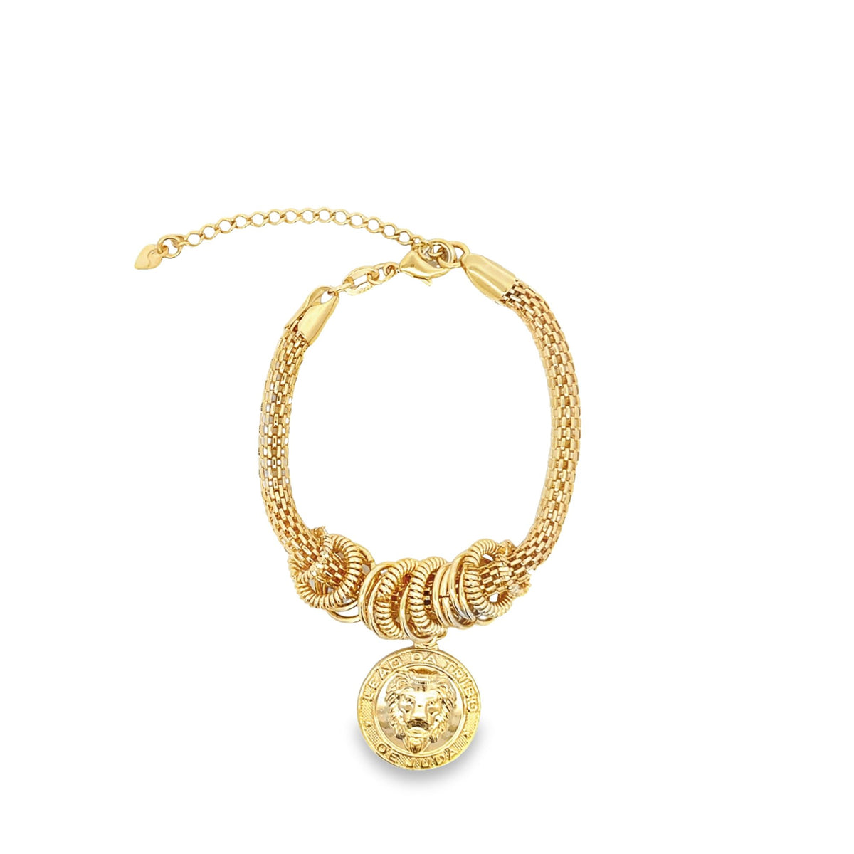 A gold mesh link charm bracelet features a dangling circular coin pendant with a detailed lion head engraving.