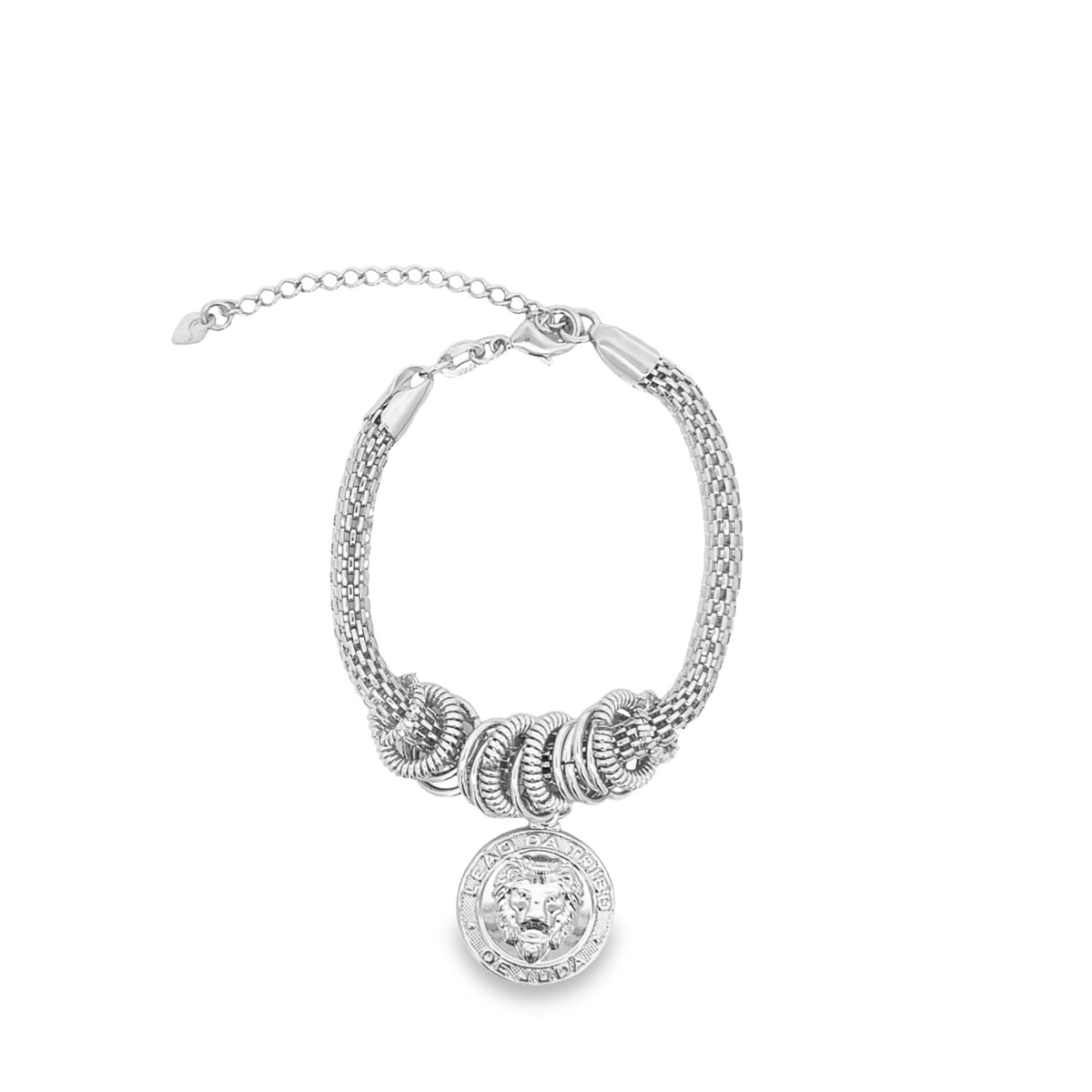 A silver mesh charm bracelet features a dangling round medallion engraved with a lion's head against a clean white background.