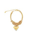 A gold charm bracelet features a chunky mesh band adorned with coiled rings and a polished heart pendant.
