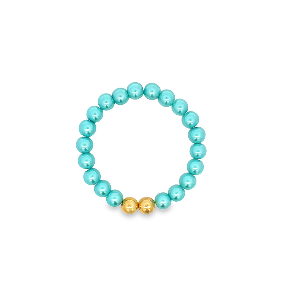 A vibrant turquoise pearl beaded ring features two polished gold accent beads at the bottom.
