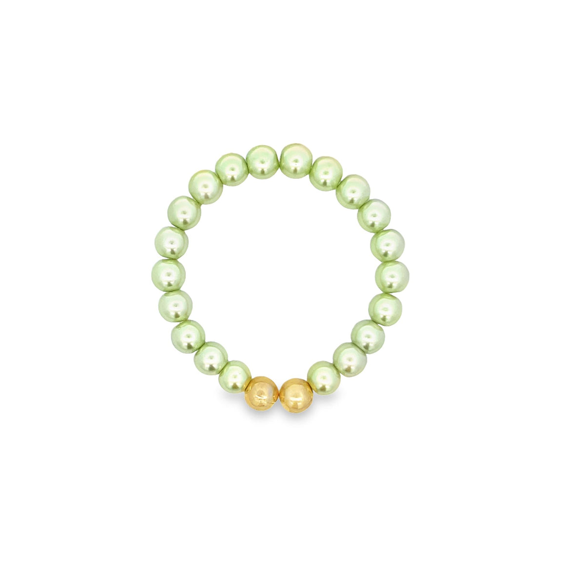 A beaded stretch bracelet features light green pearls accented by two shiny gold spheres at the bottom.
