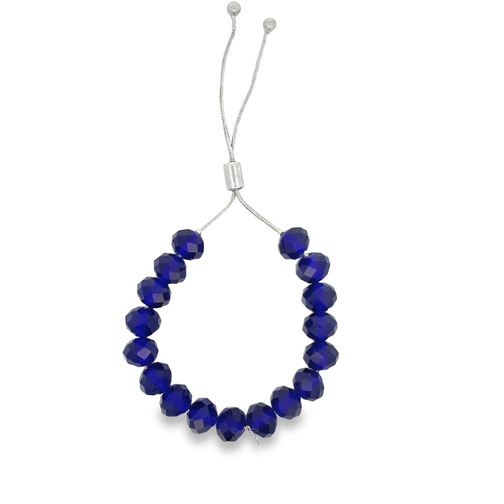 A sparkling blue crystal beaded bracelet features a silver adjustable slider chain against a plain white background.