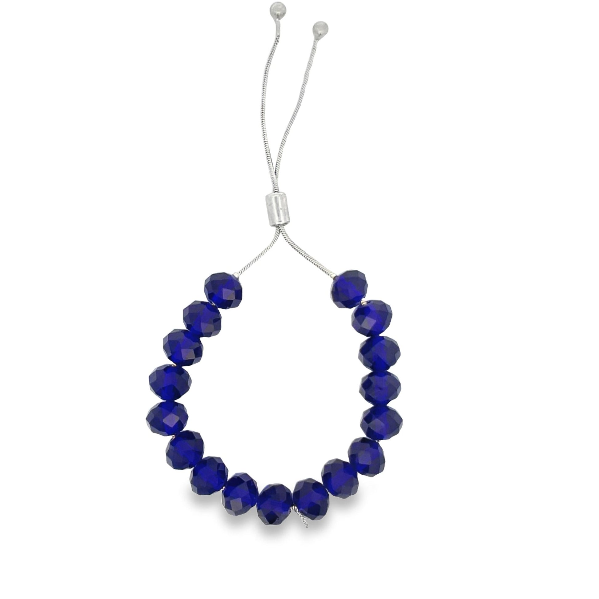 A sparkling blue crystal beaded bracelet features a silver adjustable slider chain against a plain white background.