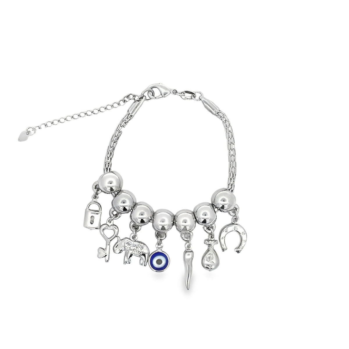 A silver charm bracelet features various symbolic dangling charms including an elephant, evil eye, horseshoe, and lock against a plain white background.