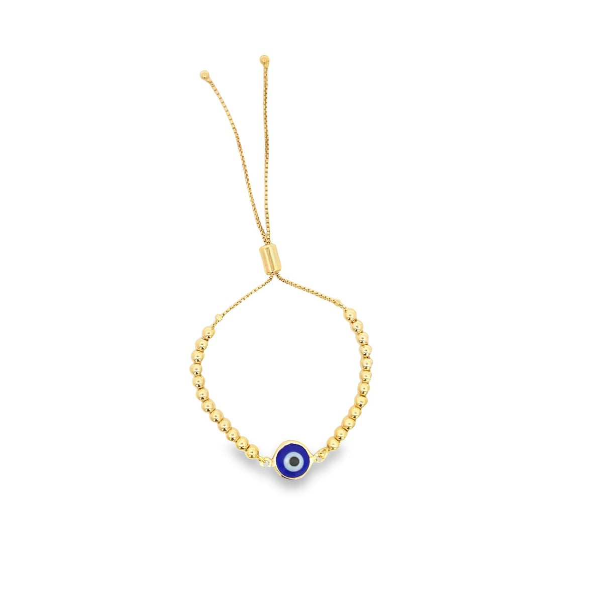 A gold slider bracelet features a central blue evil eye charm and delicate bead accents on a white background.
