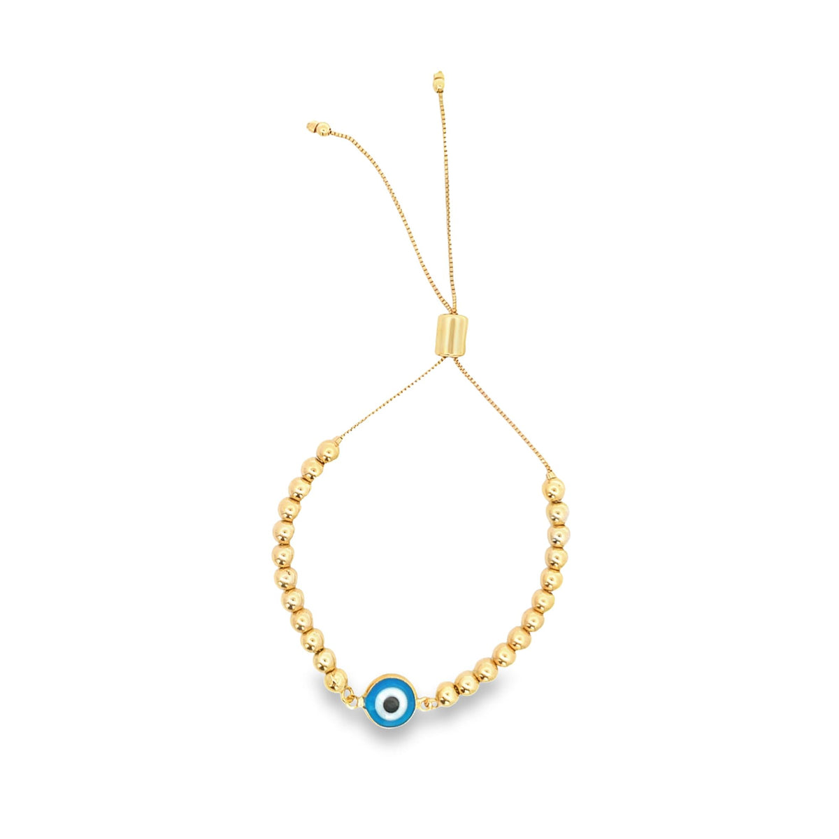 A gold bead bolo bracelet features a blue and white evil eye charm centered at the bottom.