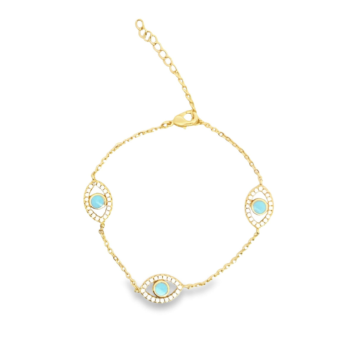 A delicate gold chain bracelet features three evil eye charms adorned with turquoise stones and tiny sparkling crystals.