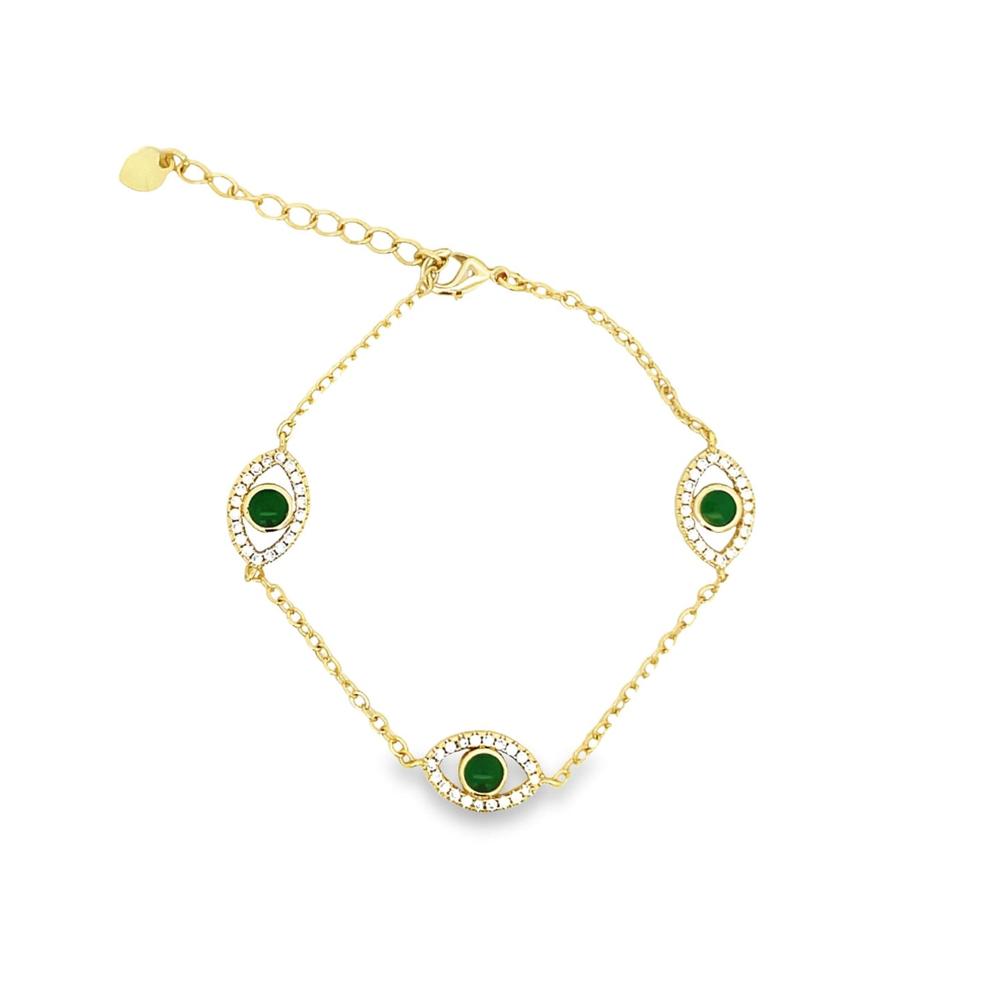 A delicate gold evil eye bracelet features three green gemstone charms outlined with sparkling cubic zirconia crystals.
